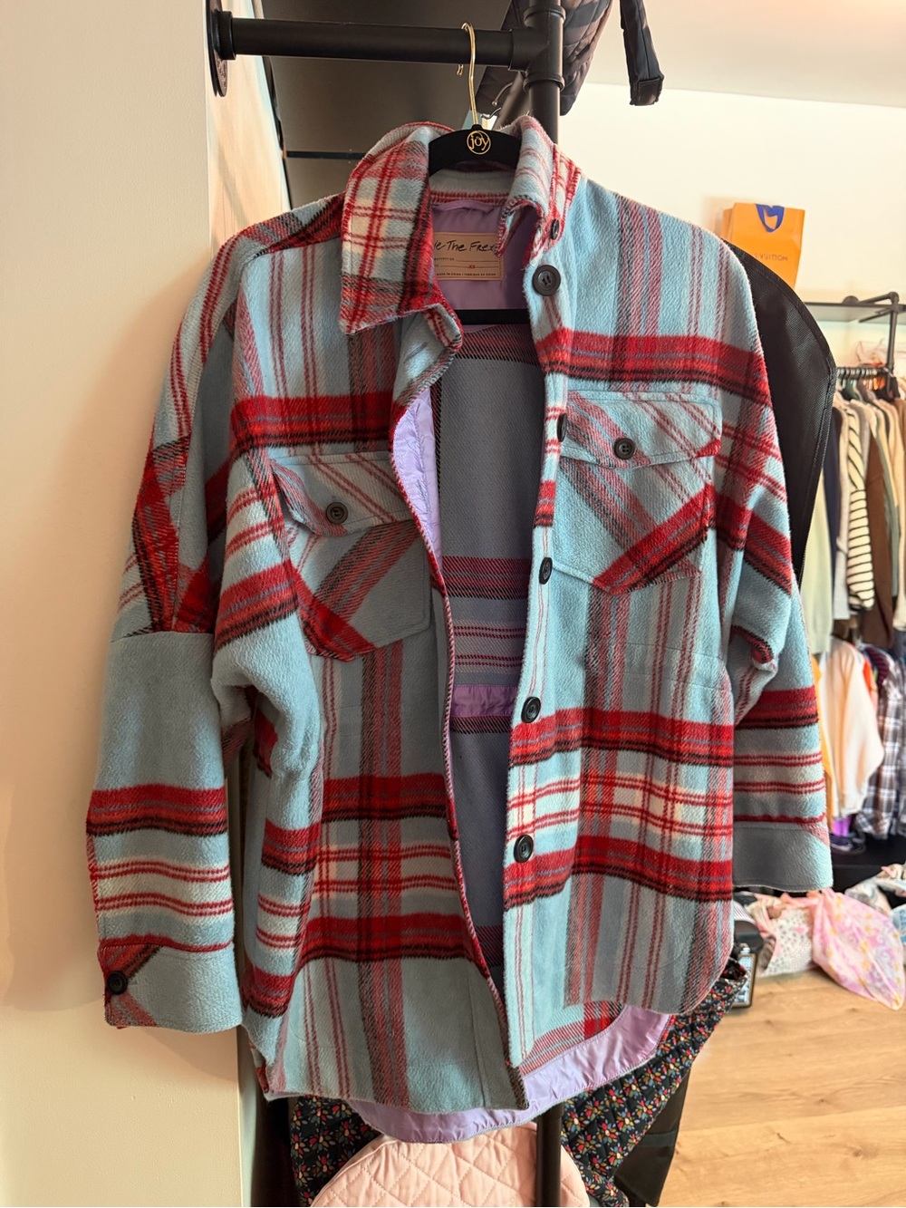 Free People Light Blue and Red Plaid Shacket Jacket